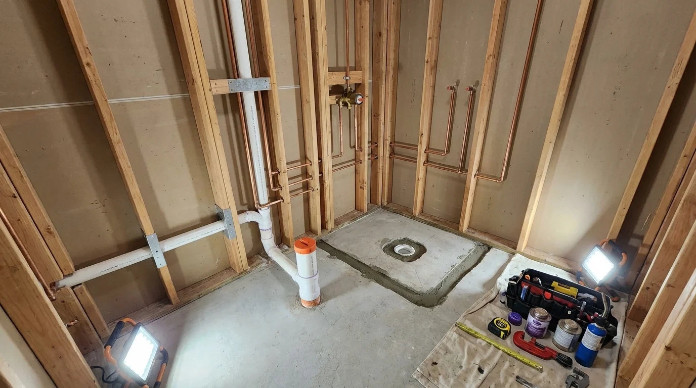 Bathroom rough-in plumbing during remodel by Johns Plumbing LLC in Owensville