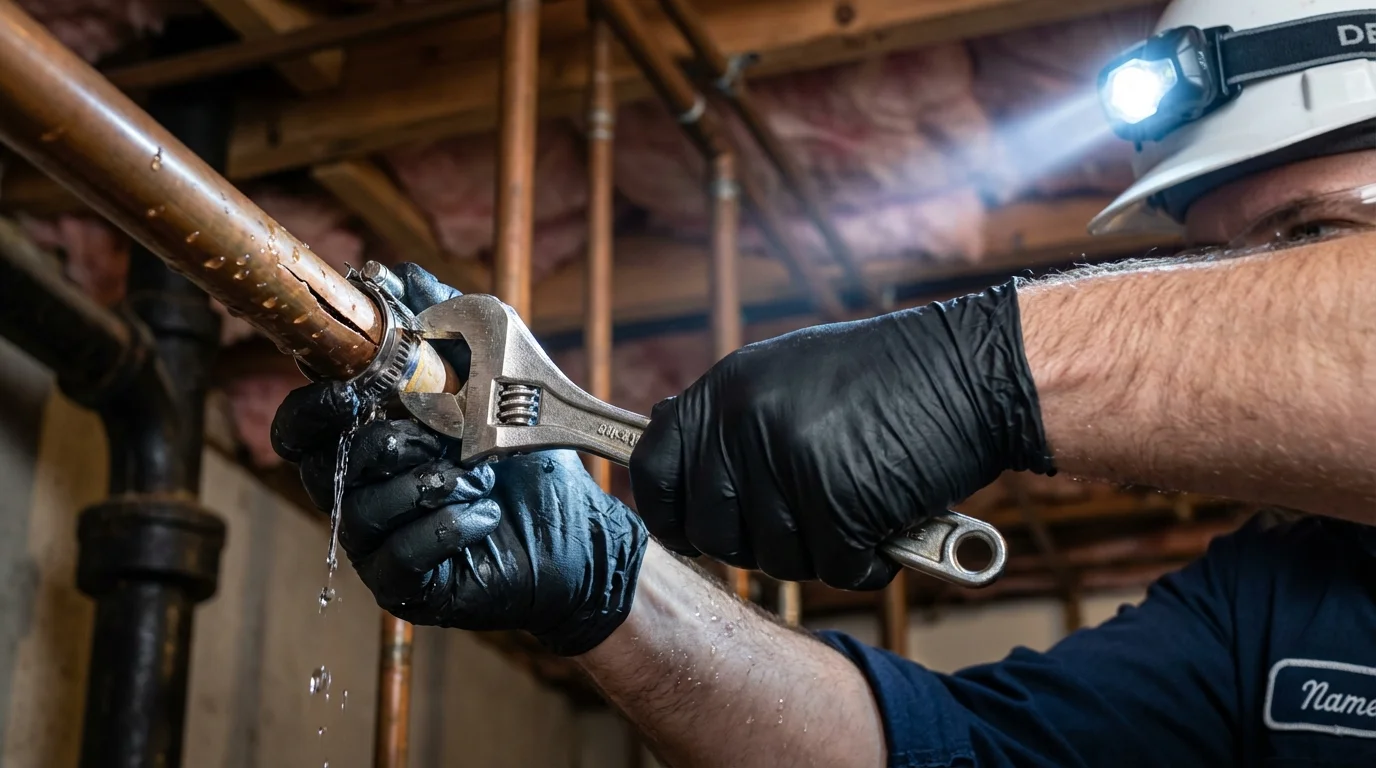 Emergency pipe clamp repair being performed by a Johns Plumbing LLC plumber in Owensville