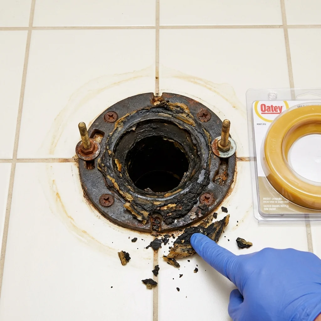 Failed wax ring showing water seepage at the base of a toilet in a Owensville, MO home