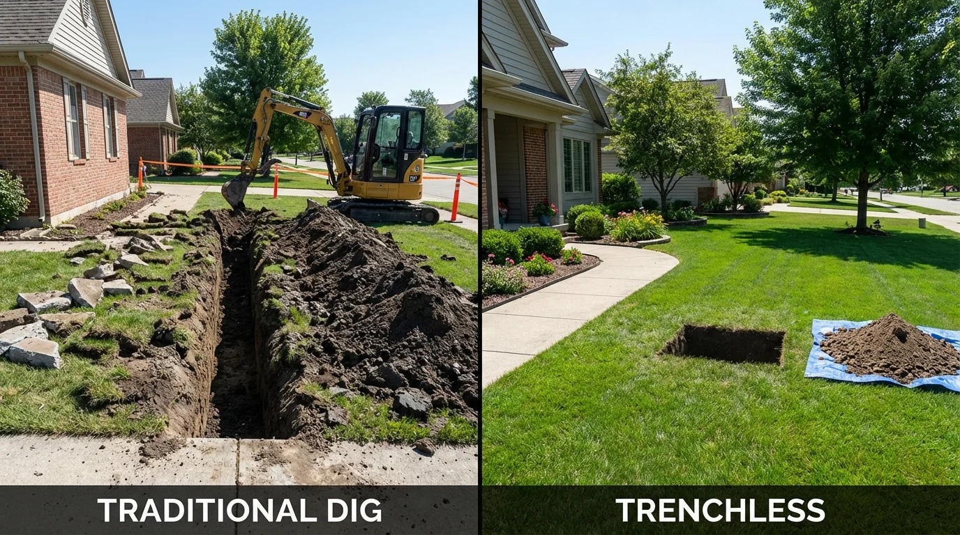 Trenchless sewer repair with minimal yard damage versus traditional excavation in Owensville, MO