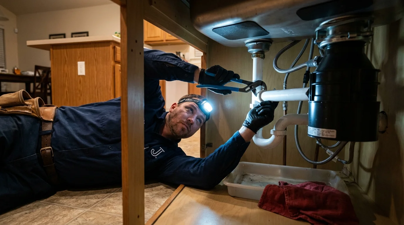 P-trap and supply line connections under a kitchen sink showing a common leak point in Owensville, MO